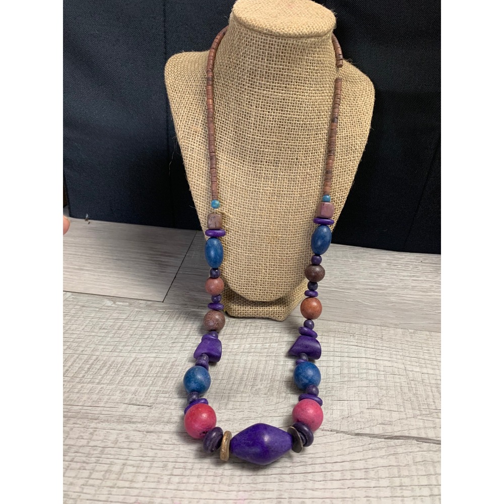 Boho Chunky Wood Bead Necklace Purple Blue Pink Geometric Statement 32 Inch Long
